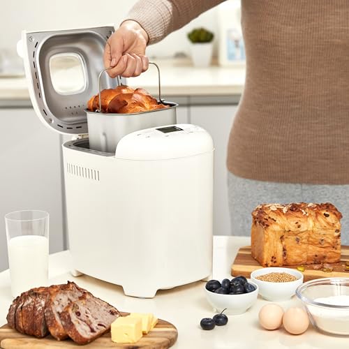 Amazon Basics Programmable Bread Maker, 2 Pound Non-Stick Automatic Bread Making Machine, 14 Settings for Breads, Doughs, Gluten-Free Options and More, LCD Display, White