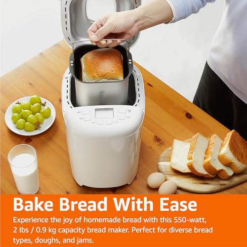 Amazon Basics Programmable Bread Maker, 2 Pound Non-Stick Automatic Bread Making Machine, 14 Settings for Breads, Doughs, Gluten-Free Options and More, LCD Display, White