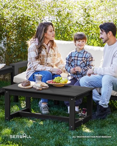 SERWALL HDPE Patio Furniture Set, 7-Piece Outdoor Sectional Sofa Set, All Weather Outdoor Couch Set for Deck, Lawn, Black Frame with Khaki Cushion