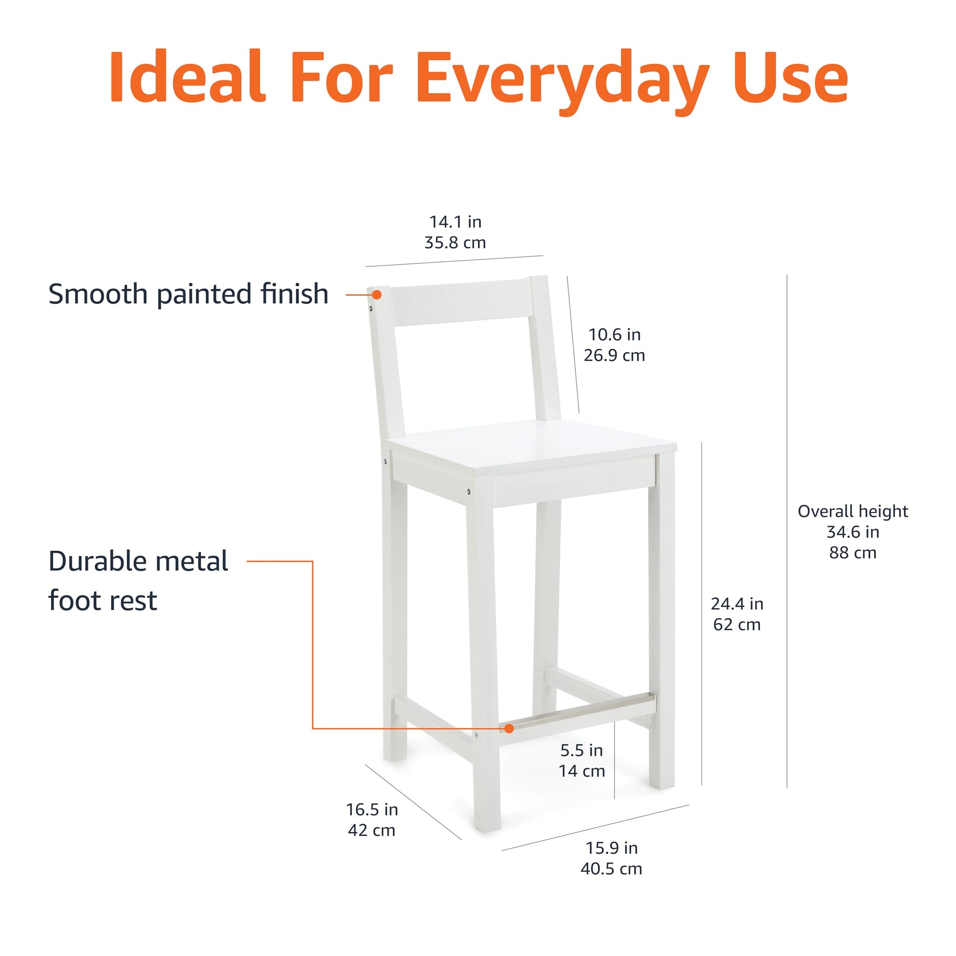 Amazon Basics Wooden Bar Stool with Backrest 24", White, Set of 2