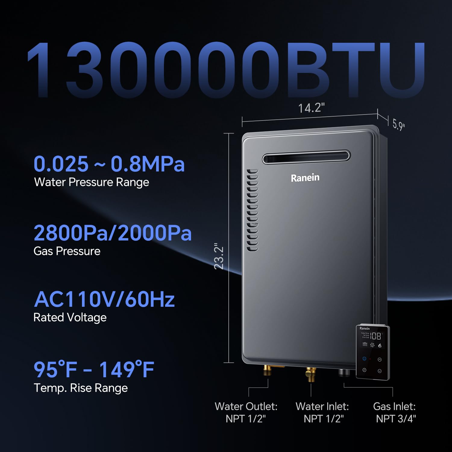Ranein Natural Gas Tankless Water Heater, Outdoor Max 5.3 GPM, 130,000 BTU Instant Hot Water Heater