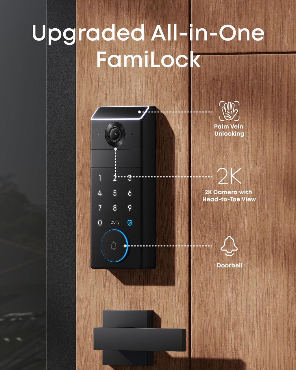 eufy FamiLock S3 Max, Smart Lock with Palm Vein Recognition, Keyless Entry Door Lock for Front Door, 3-in-1 Wi-Fi Keypad Deadbolt+ 2K HDR Camera+ Doorbell, ANSI/BHMA Grade 1, Rear Lock Video Screen