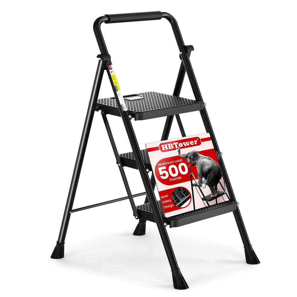 HBTower Step Ladder, Folding Step Stool with Wide Anti-Slip Pedal, Sturdy Steel Ladder, Convenient Handrail, Lightweight, Portable Steel Step Stool