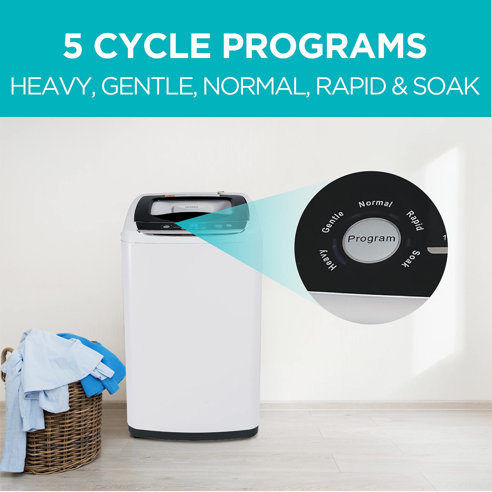 BLACK+DECKER 0.9 Cu. Ft. Portable Washer, 6.6 lb. Capacity Washing Machine for Homes & Apartments, 5 Wash Cycles, Quick Connect Sink Adapter and Drain Hose Included, Transparent Lid, BPWM09W, White