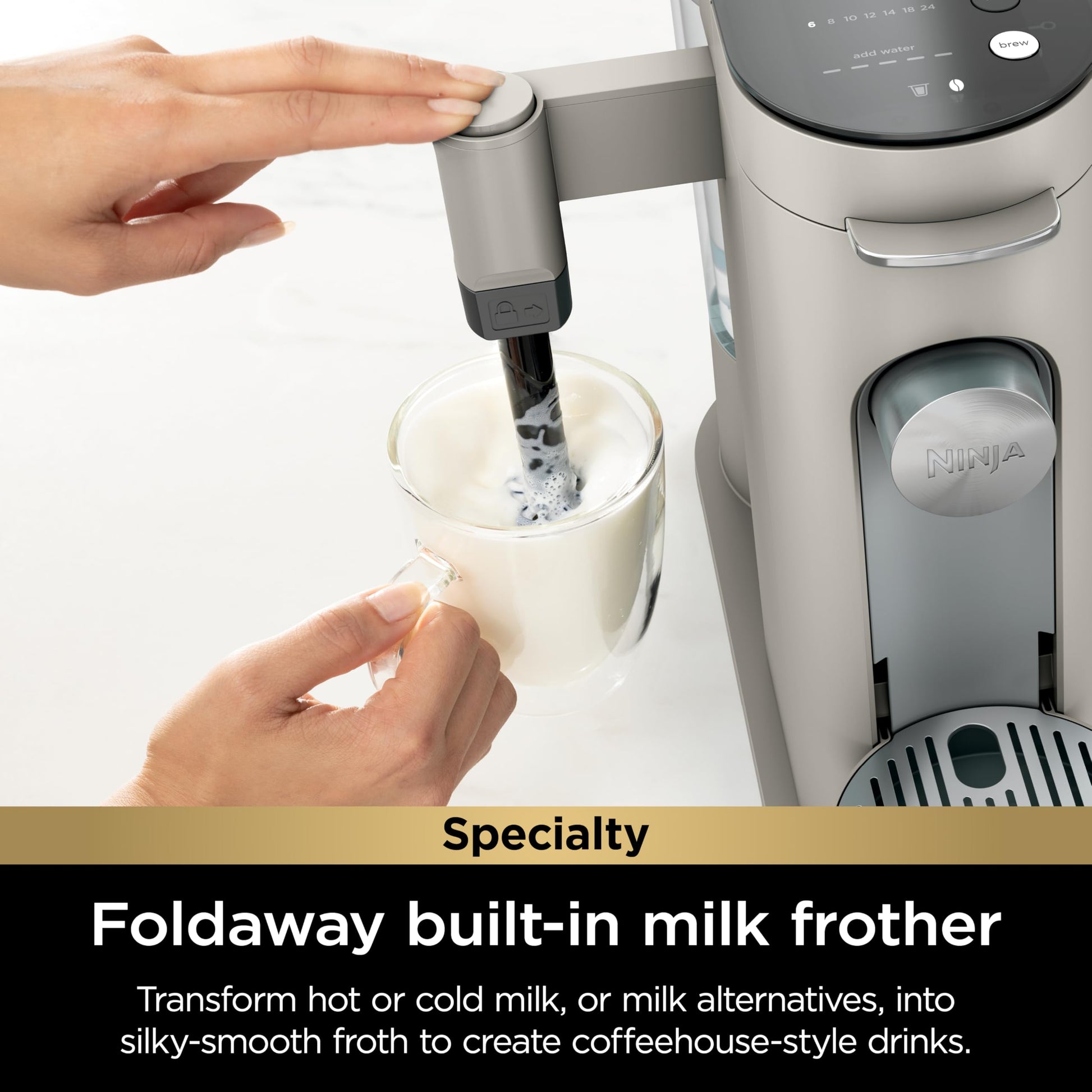Ninja Pod & Grounds Specialty Single-Serve Coffee Maker, K-Cup Pod Compatible, Brews Grounds, Compact Design, Built-In Milk Frother, 56-oz. Reservoir, 6-oz. Cup to 24-oz. Mug Sizes, Stone, PB051ST