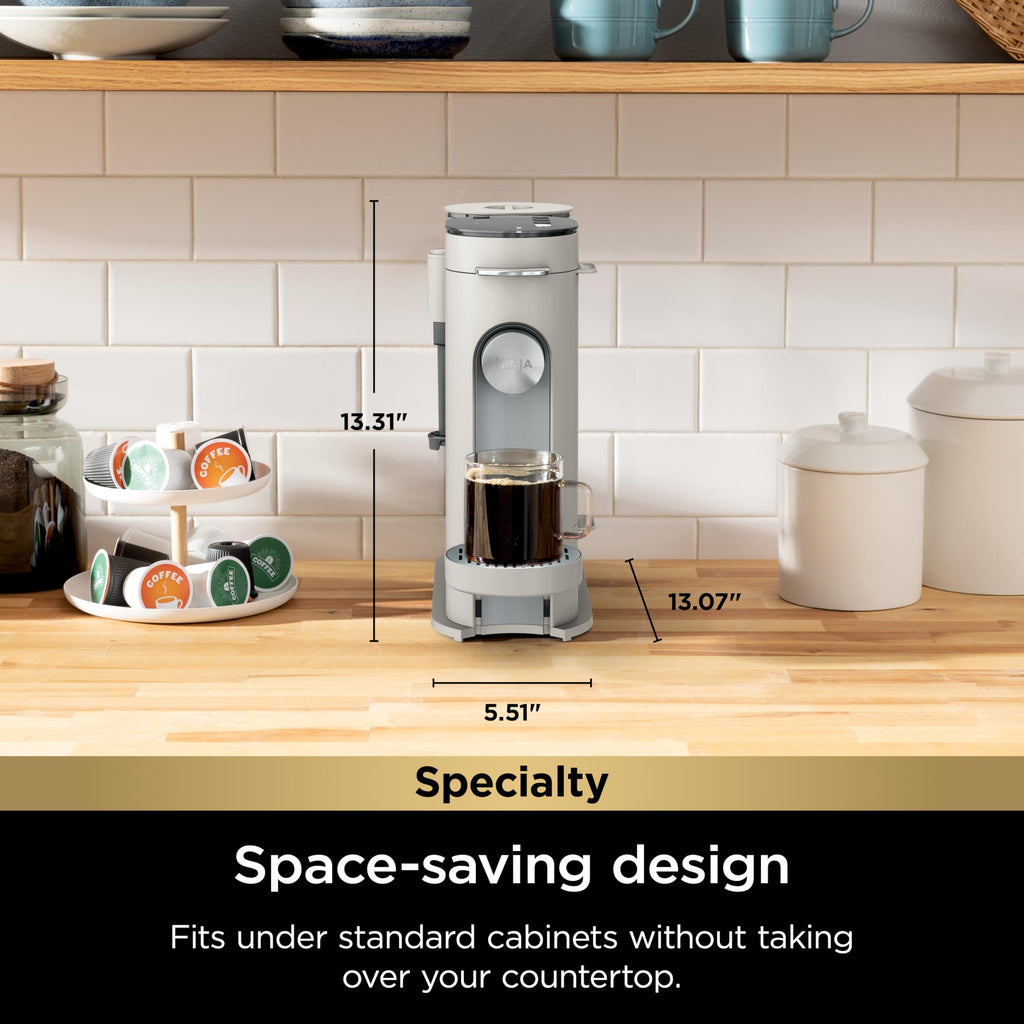 Ninja Pod & Grounds Specialty Single-Serve Coffee Maker, K-Cup Pod Compatible, Brews Grounds, Compact Design, Built-In Milk Frother, 56-oz. Reservoir, 6-oz. Cup to 24-oz. Mug Sizes, Stone, PB051ST