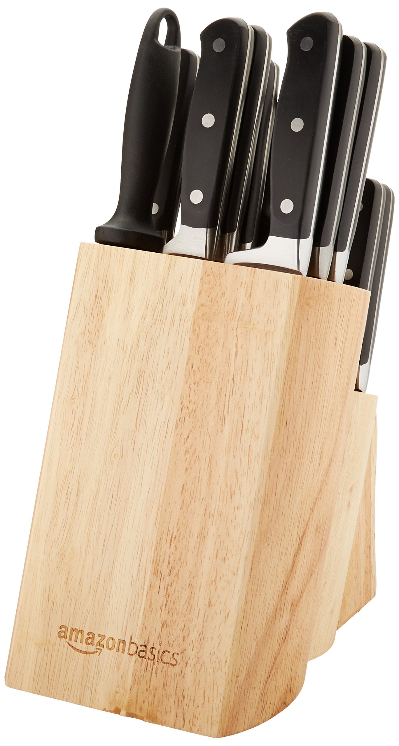 Amazon Basics 18 Pieces Premium High-Carbon Stainless Steel Blades with Pine Wood Knife Block Set,Kitchen, Black