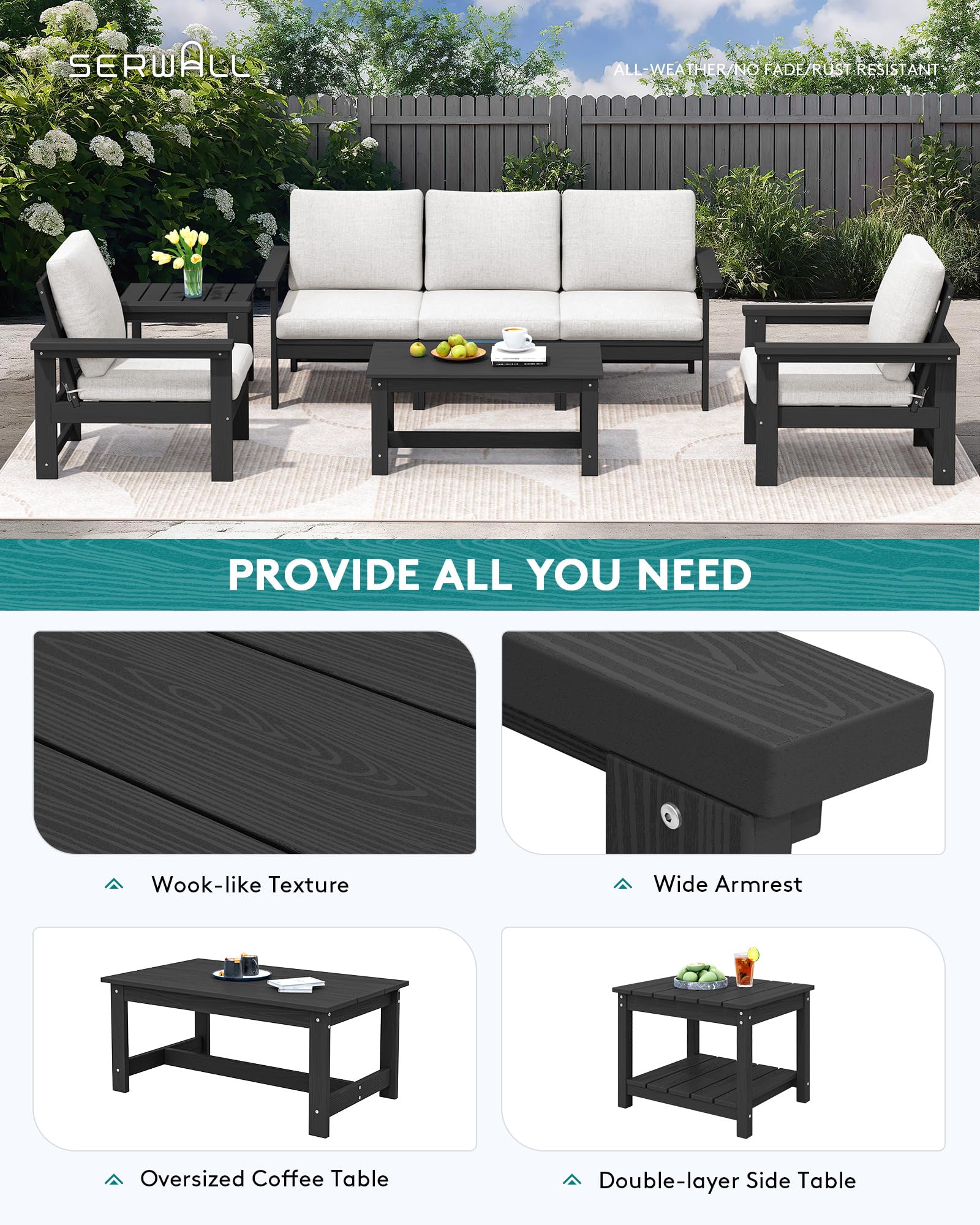 SERWALL HDPE Patio Furniture Set, 7-Piece Outdoor Sectional Sofa Set, All Weather Outdoor Couch Set for Deck, Lawn, Black Frame with Khaki Cushion