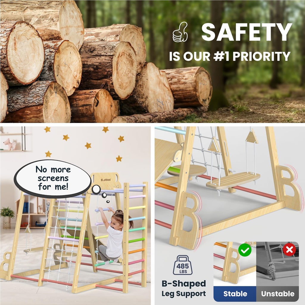 Upgraded Indoor Playground 9-in-1 Jungle Gym Kids Climbing Toys, Montessori Philosophy Waldorf Style Wooden Climber Playset with Slide, Swing, Monkey Bars, Upright/Rope Ladder, Climb Net, Rainbow