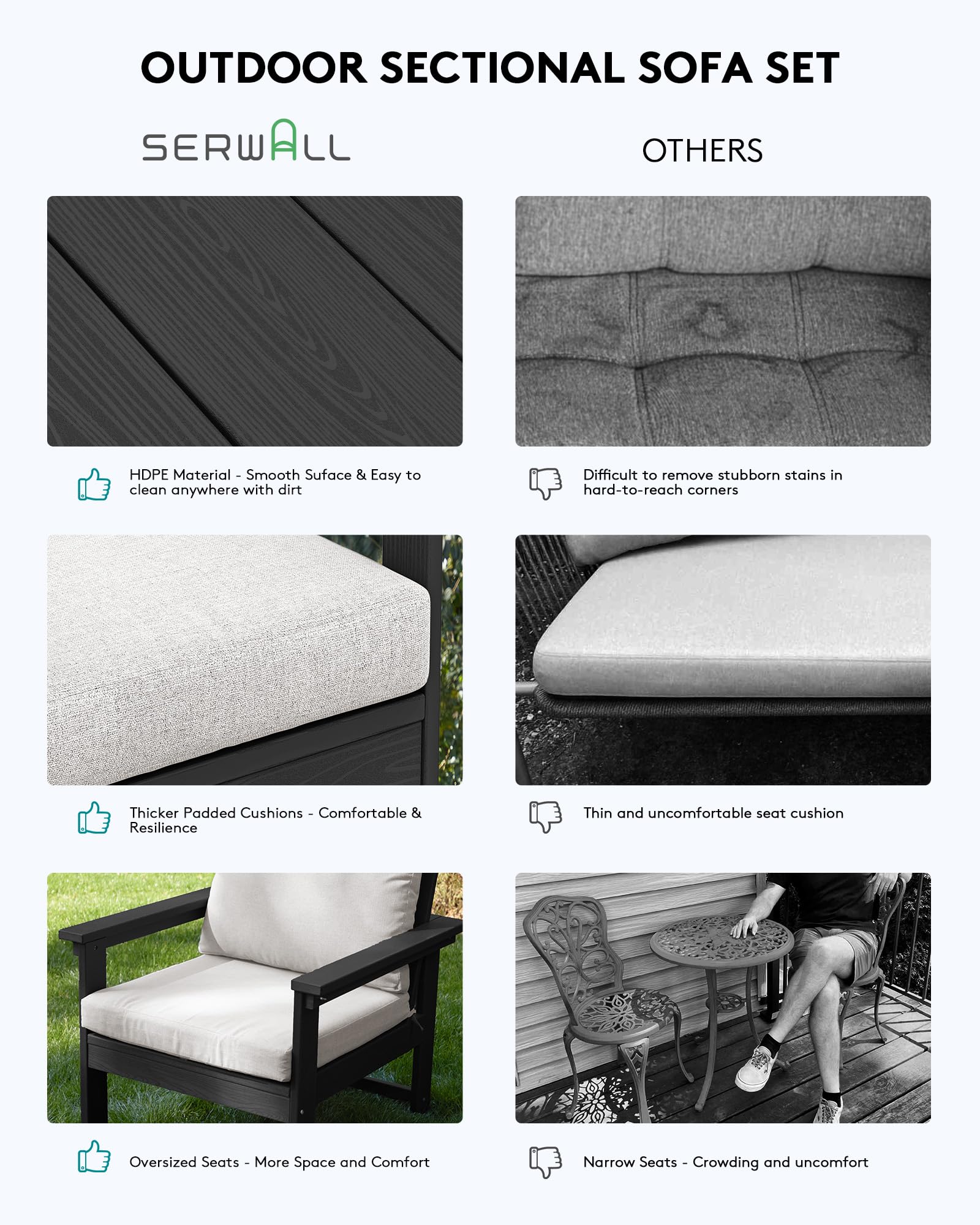 SERWALL HDPE Patio Furniture Set, 7-Piece Outdoor Sectional Sofa Set, All Weather Outdoor Couch Set for Deck, Lawn, Black Frame with Khaki Cushion